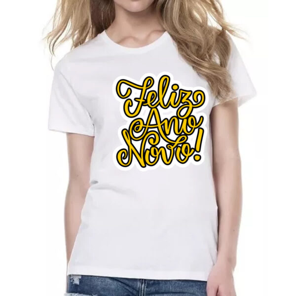 Camiseta Baby Look Feliz ano novo escrita dourada - Imagem 2