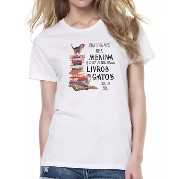 Camiseta Baby Look Menina livros e gatos - Imagem 2