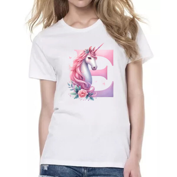 Camiseta Baby Look Unicornio Alfabeto Letra E - Imagem 2