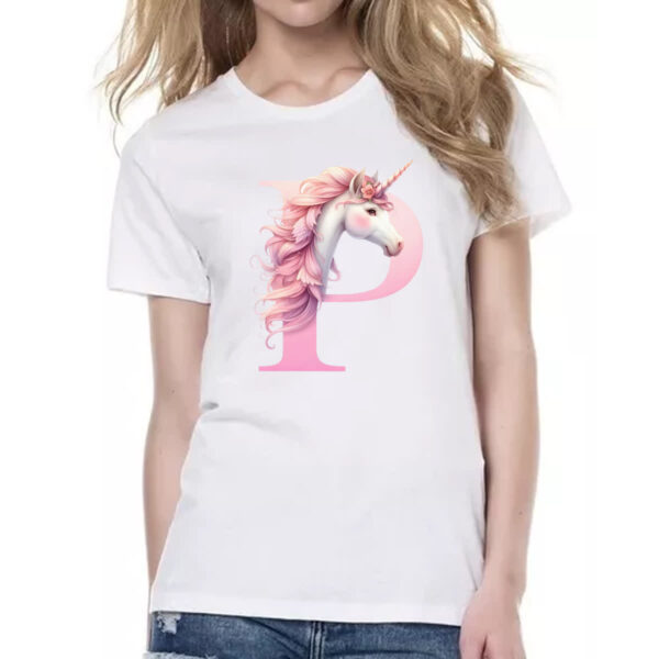 Camiseta Baby Look Unicornio Alfabeto Letra P - Imagem 2