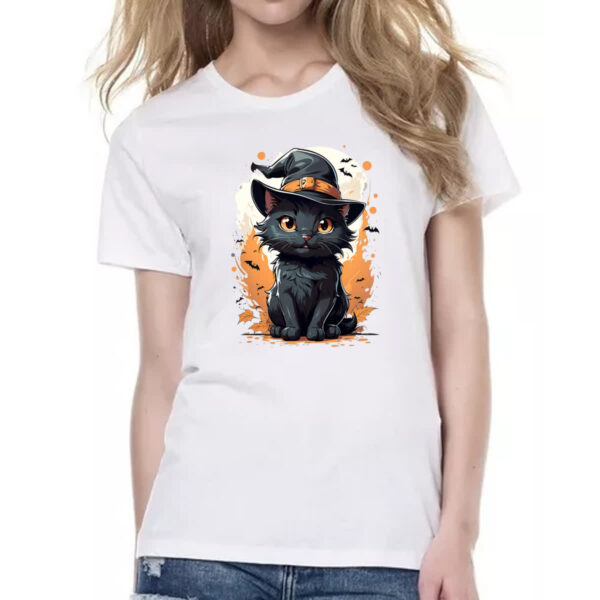 Camiseta Baby Look Halloween Cute Gato Preto Bruxo - Imagem 2