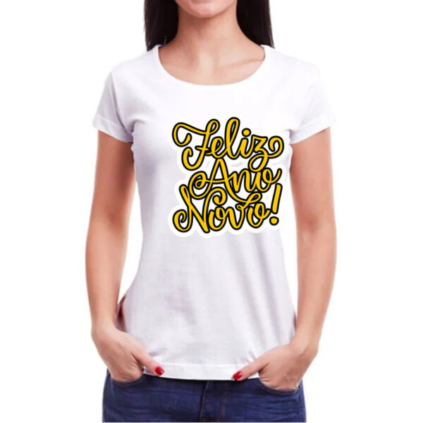 Camiseta Baby Look Feliz ano novo escrita dourada - Imagem 3