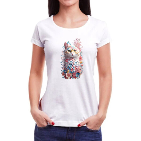 Camiseta Baby Look Gato branco com flores - Imagem 3