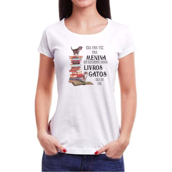 Camiseta Baby Look Menina livros e gatos - Imagem 3