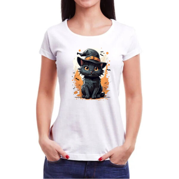 Camiseta Baby Look Halloween Cute Gato Preto Bruxo - Imagem 3