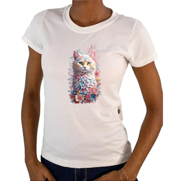 Camiseta Baby Look Gato branco com flores - Imagem 4