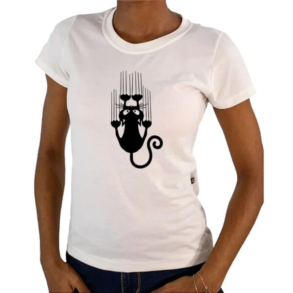 Camiseta Baby Look Gato escorregando pela camiseta - Imagem 4