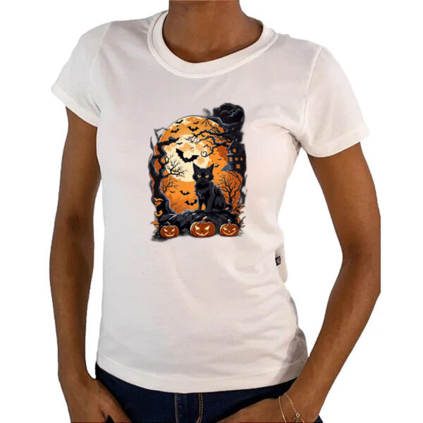 Camiseta Baby Look Gato Preto Halloween Lua Cheia - Imagem 4