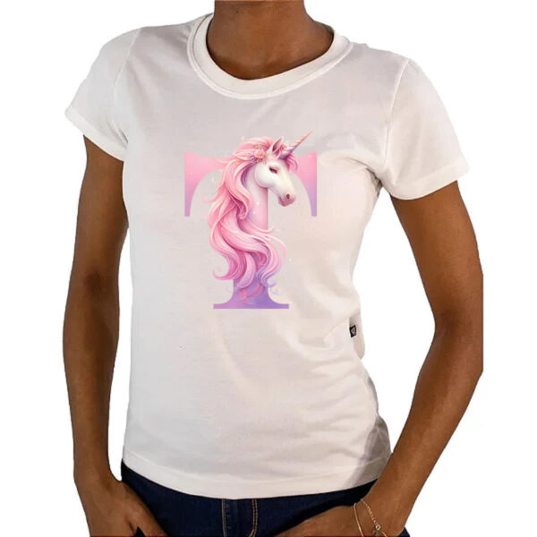Camiseta Baby Look Unicornio Alfabeto Letra T - Imagem 4
