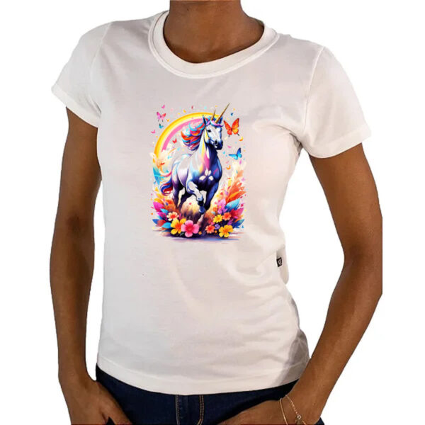 Camiseta Baby Look Unicornio correndo ao arco-iris - Imagem 4