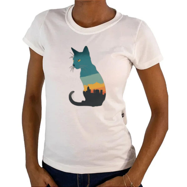 Camiseta Baby Look Silhueta gato cidade noturna - Imagem 4