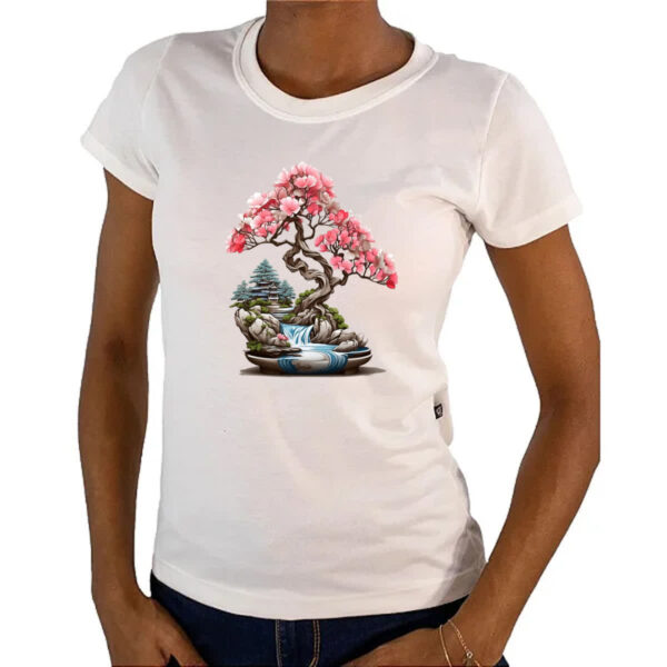 Camiseta Baby Look Bonsai de flores rosas - Imagem 4