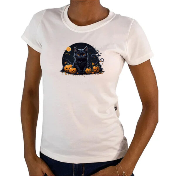 Camiseta Baby Look Halloween Gato Preto Aboboras - Imagem 4