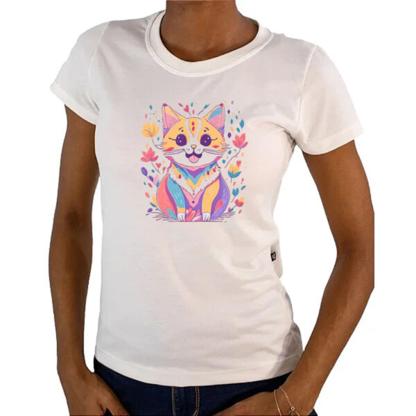 Camiseta Baby Look Desenho gato feliz - Imagem 4