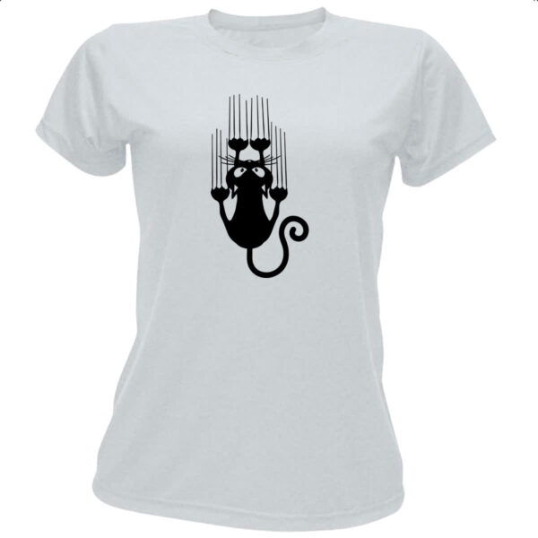 Camiseta Baby Look Gato escorregando pela camiseta