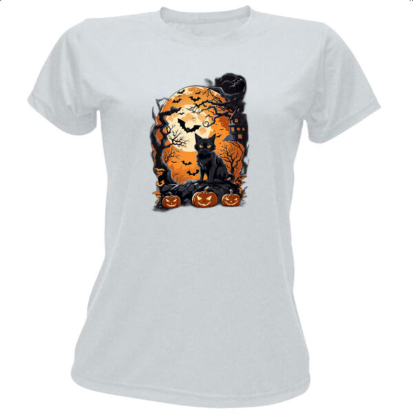 Camiseta Baby Look Gato Preto Halloween Lua Cheia