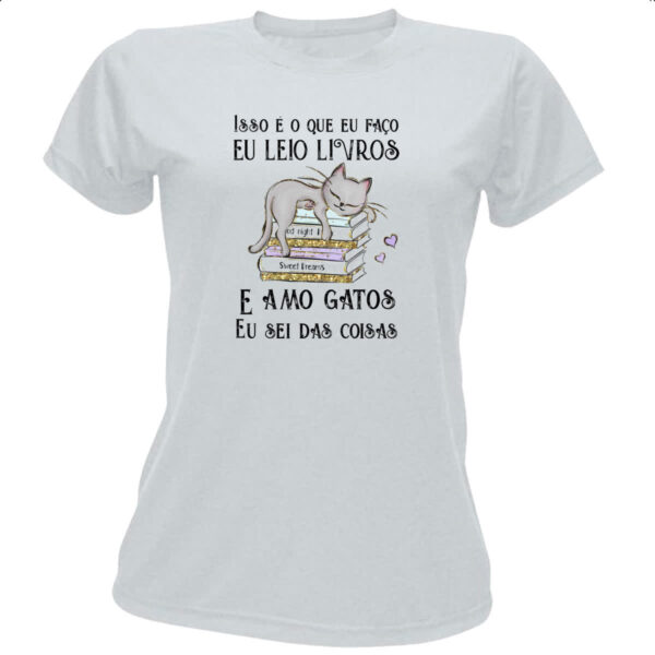 Camiseta Baby Look Leio livro amo gatos