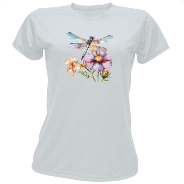 Camiseta Baby Look Libelula na flor