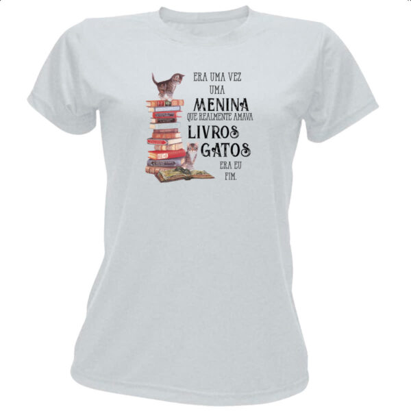 Camiseta Baby Look Menina livros e gatos