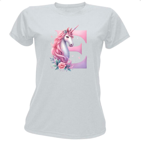 Camiseta Baby Look Unicornio Alfabeto Letra E