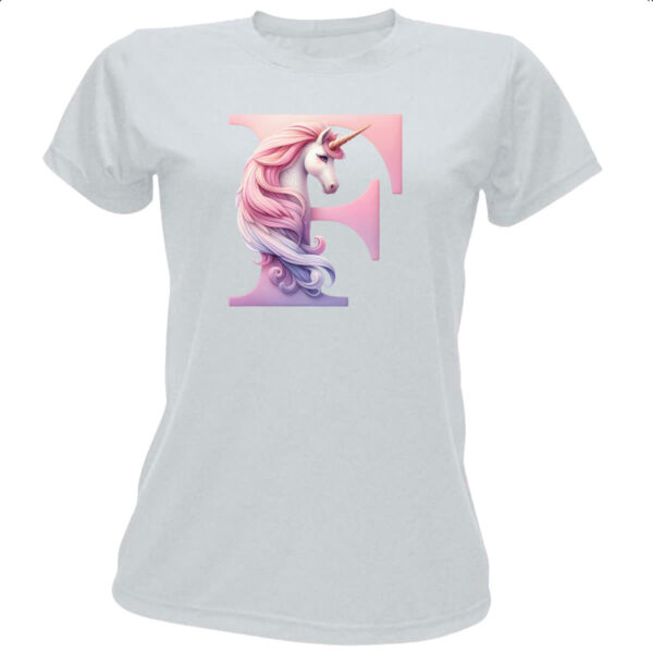 Camiseta Baby Look Unicornio Alfabeto Letra F