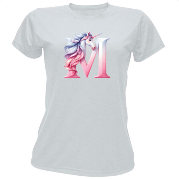 Camiseta Baby Look Unicornio Alfabeto Letra M