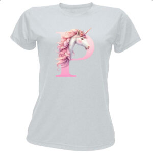 Camiseta Baby Look Unicornio Alfabeto Letra P