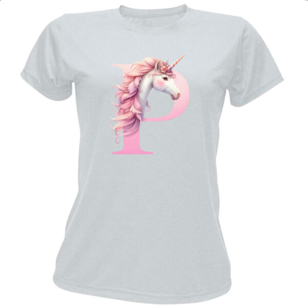 Camiseta Baby Look Unicornio Alfabeto Letra P