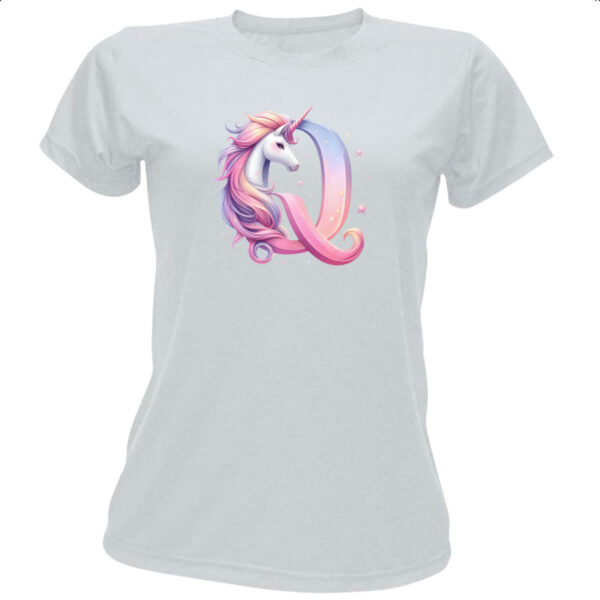 Camiseta Baby Look Unicornio Alfabeto Letra Q