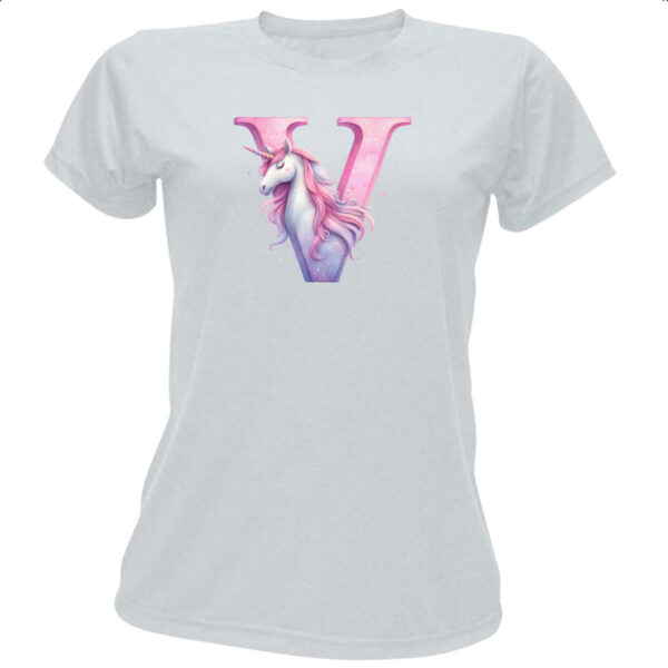 Camiseta Baby Look Unicornio Alfabeto Letra V