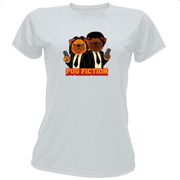Camiseta Baby Look Pug Fiction parodia filme