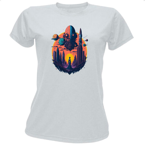 Camiseta Baby Look Planeta Alien Cidade Futuristica