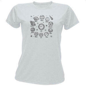 Camiseta Baby Look Sistema solar desenho de caneta