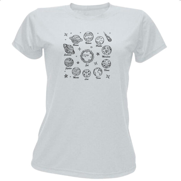 Camiseta Baby Look Sistema solar desenho de caneta