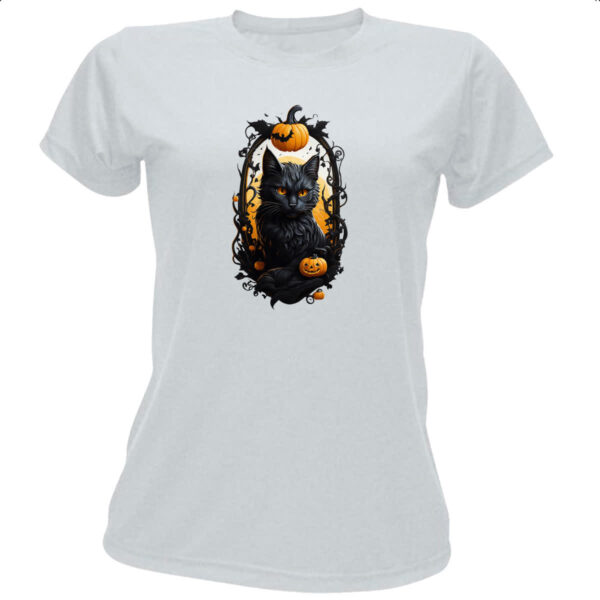 Camiseta Baby Look Halloween Gato Preto Espelho Macabro