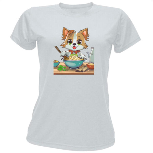 Camiseta Baby Look Cao feliz cozinhando lamem
