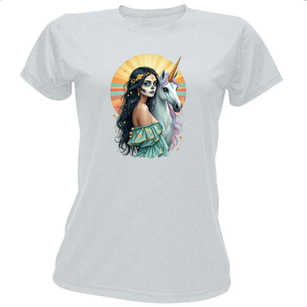 Camiseta Baby Look Caveira catrina e o unicornio