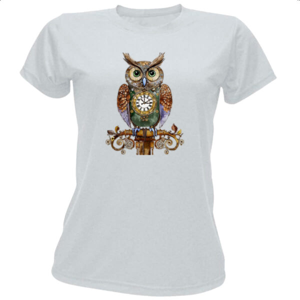 Camiseta Baby Look Coruja maquina do tempo