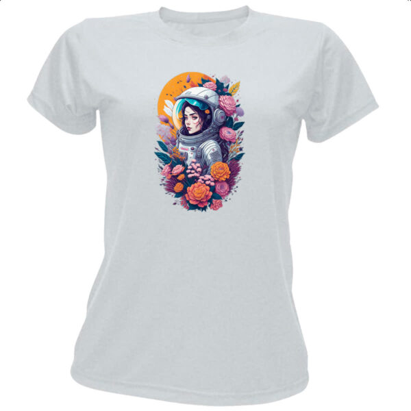 Camiseta Baby Look Diva Astronaulta Flores espaciais