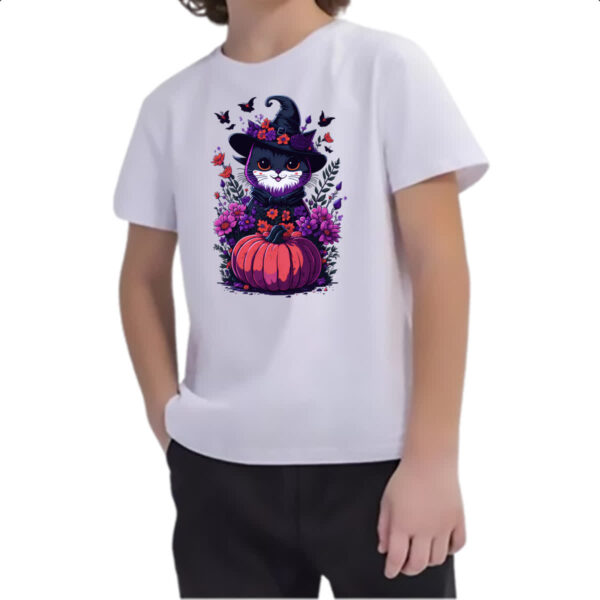 Camiseta Infanto Juvenil Gatinha Bruxa com abobora - Imagem 2