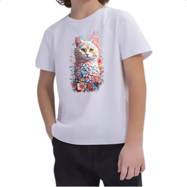 Camiseta Infanto Juvenil Gato branco com flores - Imagem 2