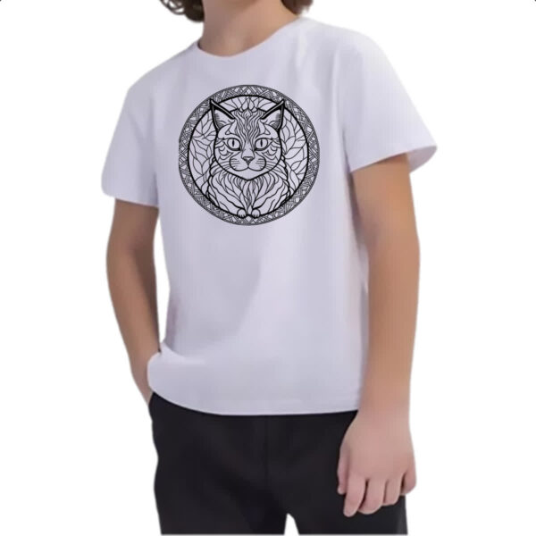 Camiseta Infanto Juvenil Gato Mandala Linear Arte - Imagem 2