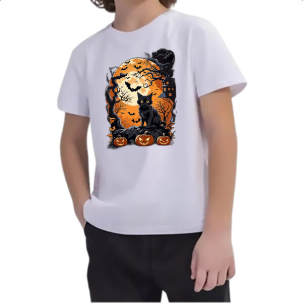 Camiseta Infanto Juvenil Gato Preto Halloween Lua Cheia - Image 2