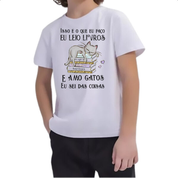 Camiseta Infanto Juvenil Leio livro amo gatos - Imagem 2