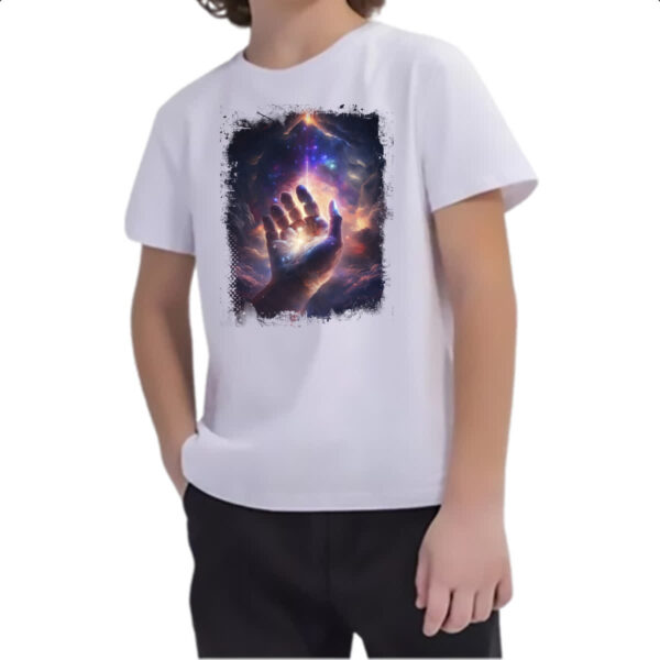 Camiseta Infanto Juvenil Mao de Deus criando o universo - Imagem 2