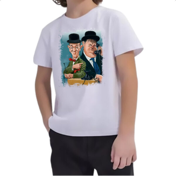 Camiseta Infanto Juvenil Nostalgia O Gordo e o Magro Caricatura - Imagem 2