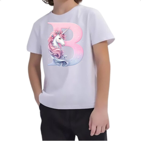 Camiseta Infanto Juvenil Unicornio Alfabeto Letra B - Imagem 2