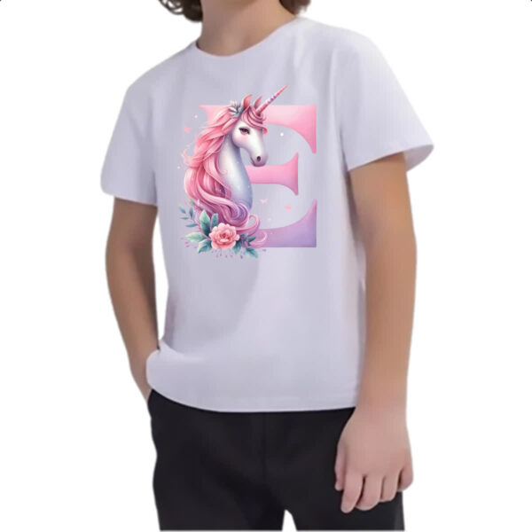 Camiseta Infanto Juvenil Unicornio Alfabeto Letra E - Imagem 2