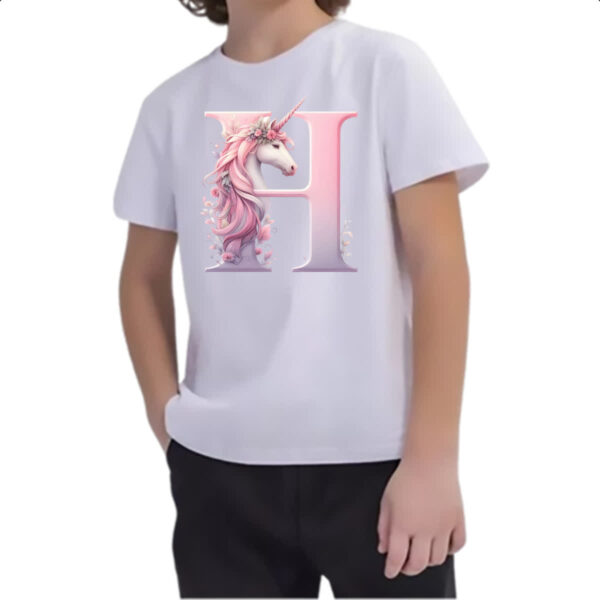 Camiseta Infanto Juvenil Unicornio Alfabeto Letra H - Imagem 2