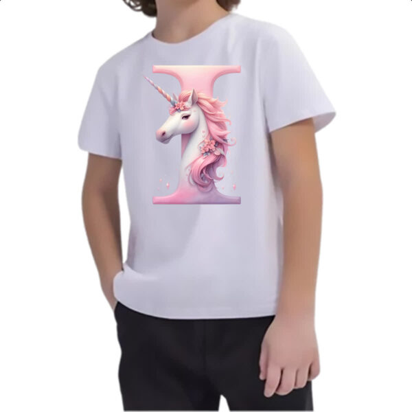 Camiseta Infanto Juvenil Unicornio Alfabeto Letra I - Imagem 2